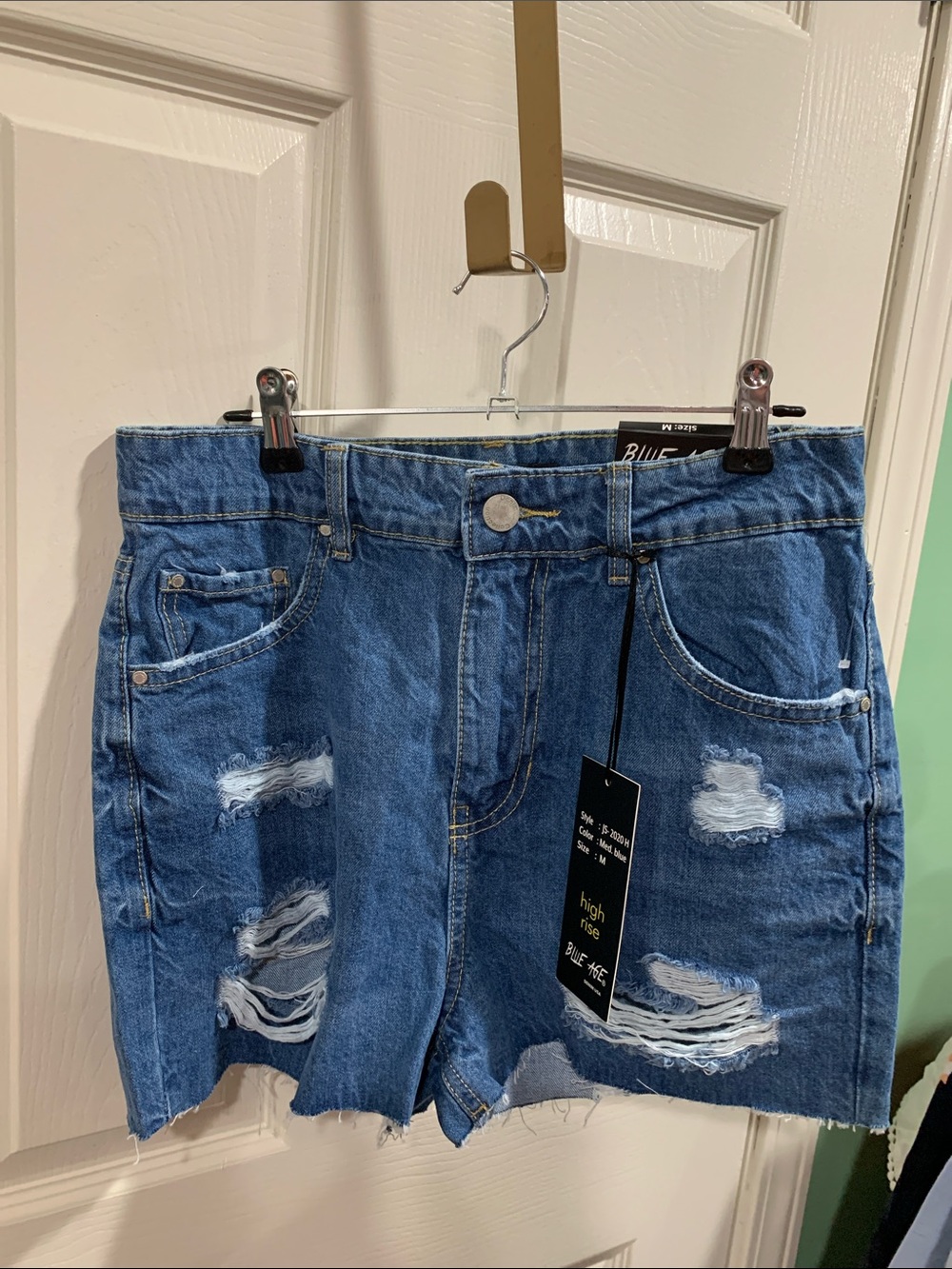 High-Rise Distressed Jean Shorts - Blue